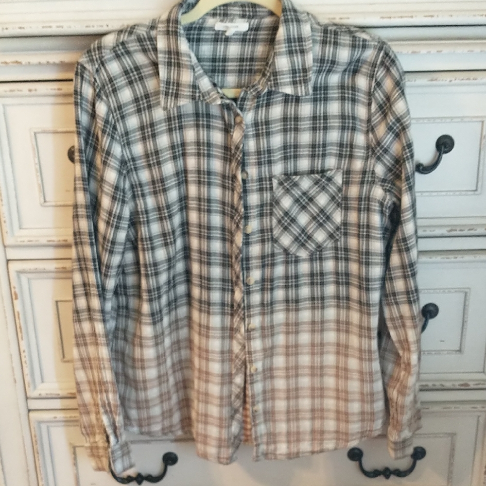 Maurices Black, Cream & Brown Plaid Casual Shirt, Gauze Fabric, Sz L, Worn Once